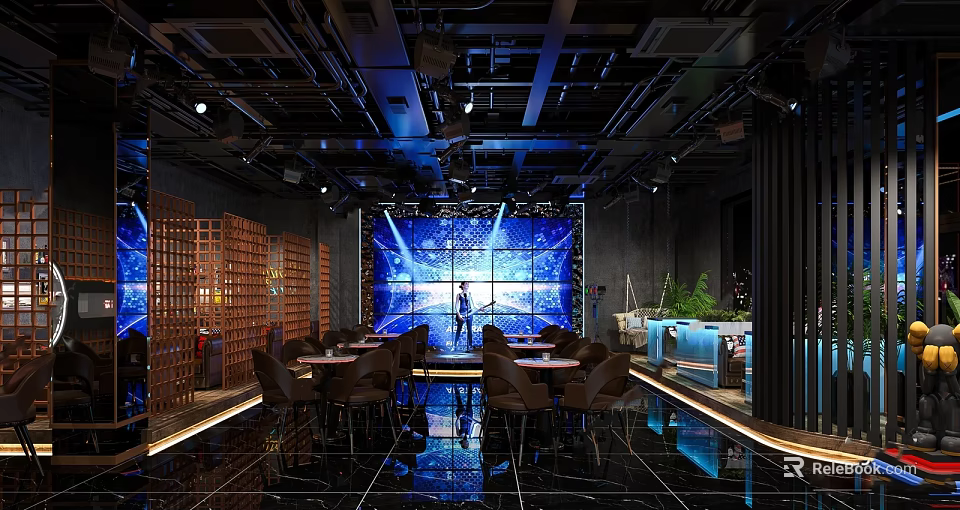 Modern Bar Interior Design With Stage Large Screen Blue Lighting And Dining Tables 3d model 