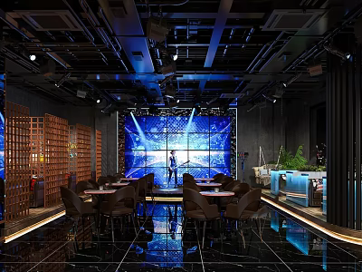 Modern Bar Interior Design With Stage Large Screen Blue Lighting And Dining Tables 3d model