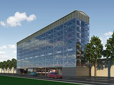 Multi Level Parking Garage Featuring Glass Facade Parked Cars And Trees 3d model