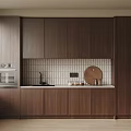 Modern Kitchen Interior With Dark Brown Wooden Cabinets White Tile Backsplash And Countertop