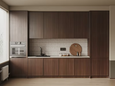Modern Kitchen Interior With Dark Brown Wooden Cabinets White Tile Backsplash And Countertop 3d model
