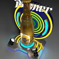Pilsner Beer Bottle Display With Colorful Neon Rings And Microphones On Stage
