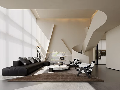 Modern Duplex Living Room Interior With Spiral Staircase Black Sofa And Coffee Table 3d model