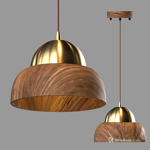 Modern Pendant Light With Gold Metal Top And Wooden Shade Design 3d model 