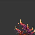 Vibrant Purple And Orange Plant With Golden Stamens And Branching Leaves On Dark Background
