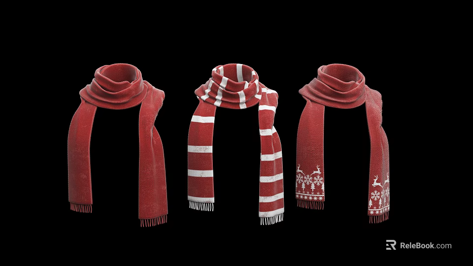 Red Scarves Collection Featuring Striped Design And Snowflake Deer Patterns 3d model 