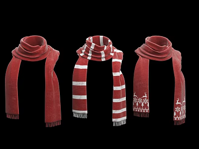 Red Scarves Collection Featuring Striped Design And Snowflake Deer Patterns 3d model