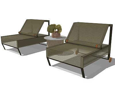 Outdoor Table With Round White Top Metal Frame And Two Mesh Lounge Chairs With Plant 3d model