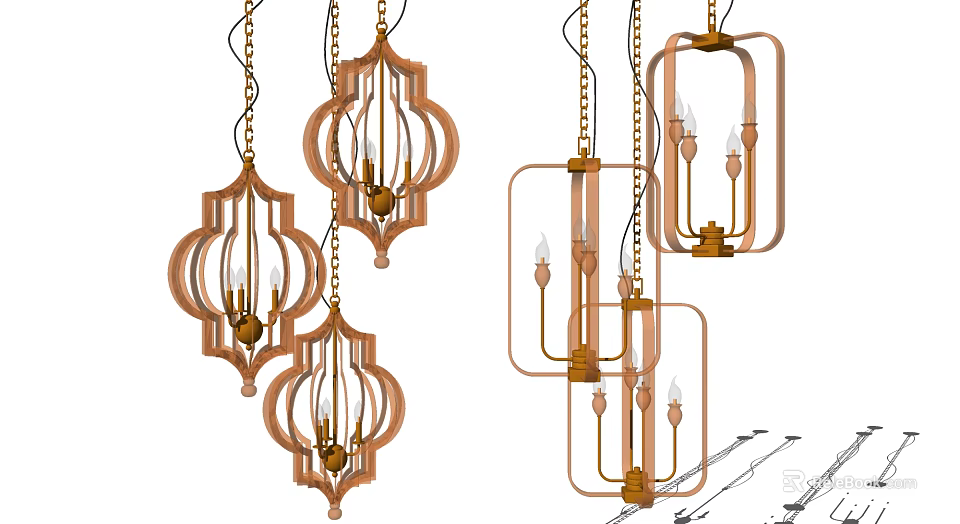 Decorative Ornate Chandeliers With Various Frame Designs And Chain Suspension Systems 3d model 