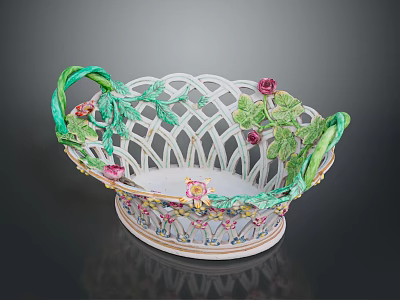 Decorative Porcelain Basket With Green Handles Openwork Pattern And Floral Accents 3d model