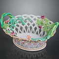 Decorative Porcelain Basket With Green Handles Openwork Pattern And Floral Accents