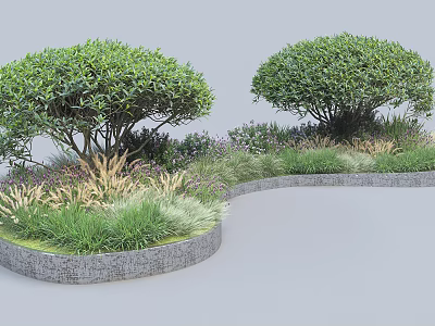 Circular Shrubs and Diverse Herbaceous Plants in Stone Edged Flower Bed with Lush Greenery 3d model