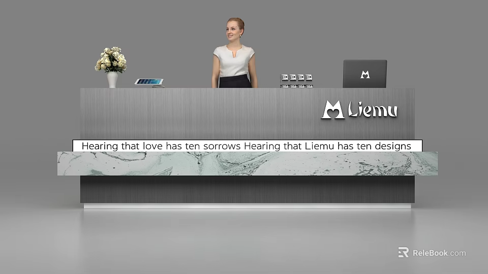 Modern Liemu Reception Desk With Metal Glass Stone Countertop And White Flower Vase 3d model 