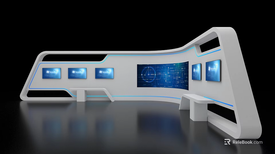 Sleek Modern Exhibition Display With White Curved Island And Multiple Blue Screens 3d model 