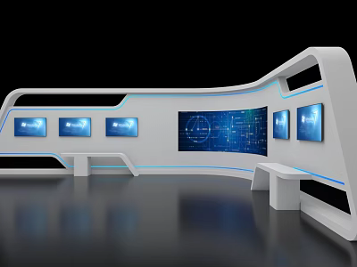 Sleek Modern Exhibition Display With White Curved Island And Multiple Blue Screens 3d model