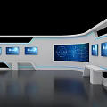 Sleek Modern Exhibition Display With White Curved Island And Multiple Blue Screens