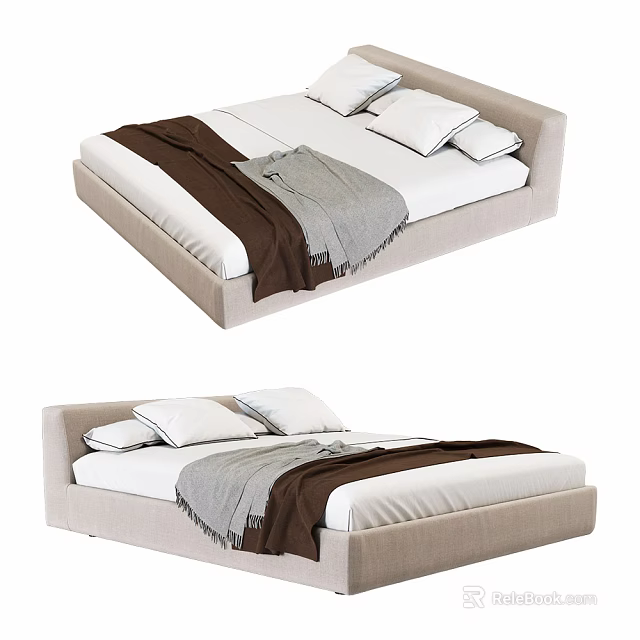Modern Upholstered Double Bed With White Pillows And Brown Gray Blankets 3d model 