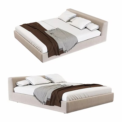 Modern Upholstered Double Bed With White Pillows And Brown Gray Blankets 3d model