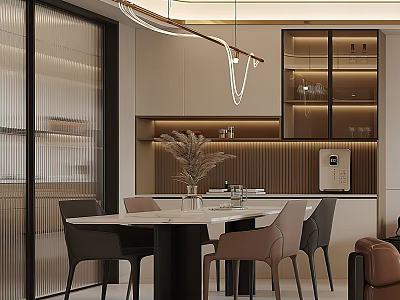Modern Restaurant Interior With Dining Table Chairs Pendant Lights And Decorative Plants 3d model