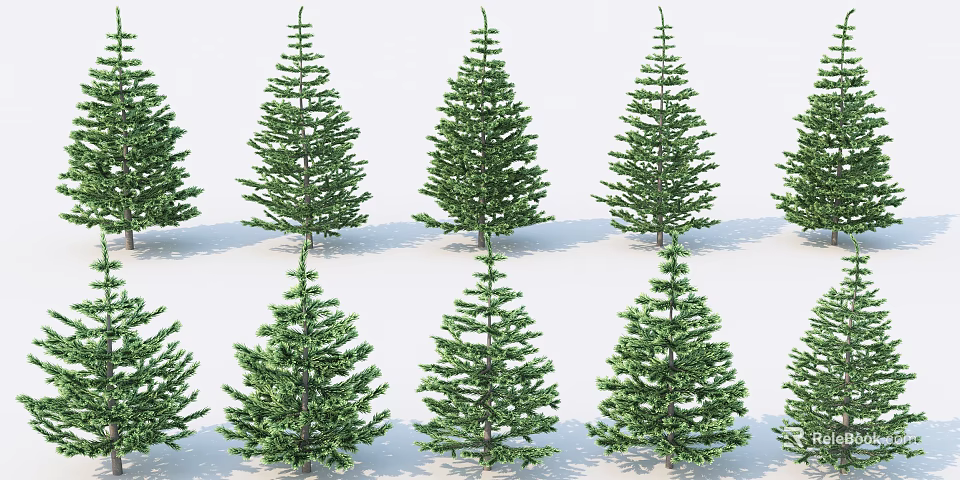 Lush Evergreen Arbor Trees With Dense Green Foliage Arranged In Rows On White Background 3d model 