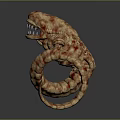 Terrifying Creature With Striped Red Yellow Body Sharp Teeth Worm Like Snake Form And Arms
