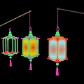 Colorful Chinese Lanterns Hanging on String with Bright Patterns and Pink Tassels
