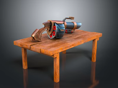 Heavy Weapon With Red Circular Details Metallic Body And Brown Grip On Simple Wooden Table 3d model