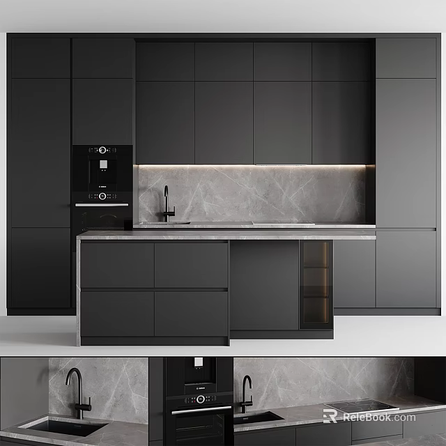 Modern Kitchen Interior With Dark Cabinets Marble Backsplash Countertop And Coffee Machine 3d model 
