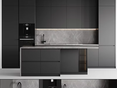 Modern Kitchen Interior With Dark Cabinets Marble Backsplash Countertop And Coffee Machine 3d model