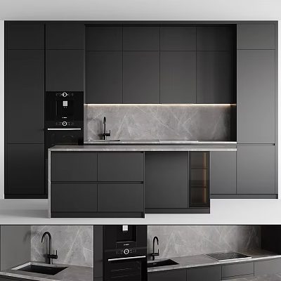 Modern Kitchen Interior With Dark Cabinets Marble Backsplash Countertop And Coffee Machine 3d model