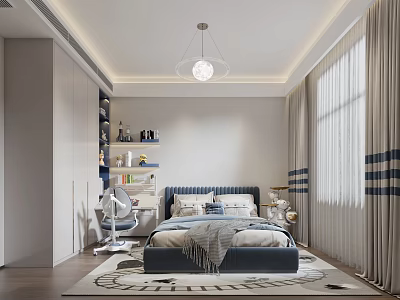 Modern Kids Room Interior Design With Blue Bed Bookshelf Study Chair And Striped Curtains 3d model