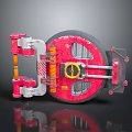 Industrial Equipment With Red Circular Component Metal Frame Yellow Gauge Pipes And Brackets Textured Surface