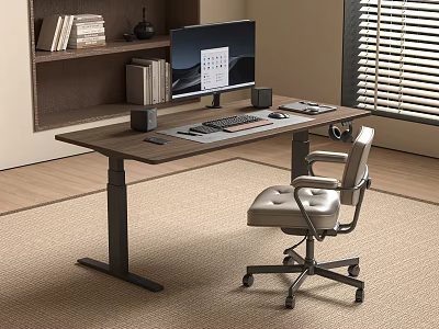 Ergonomic Height Adjustable Office Desk With Monitor Keyboard Leather Chair And Books On Shelf 3d model