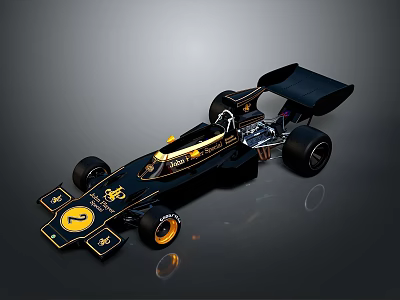 Black Classic Race Car With Gold Accents And Aerodynamic Rear Wing Design 3d model