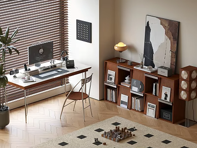 Modern Desk And Chair Set With Computer Bookshelf Chessboard Plant And Blinds 3d model