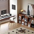 Modern Desk And Chair Set With Computer Bookshelf Chessboard Plant And Blinds