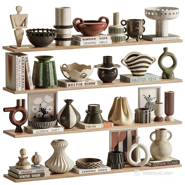 Decorative Ornament Collection With Vases Bowls Sculptures On Modern Multi Tiered Shelves 3d model 