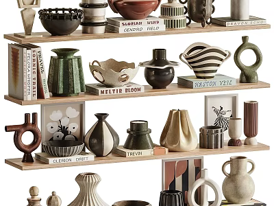 Decorative Ornament Collection With Vases Bowls Sculptures On Modern Multi Tiered Shelves 3d model