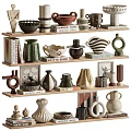 Decorative Ornament Collection With Vases Bowls Sculptures On Modern Multi Tiered Shelves
