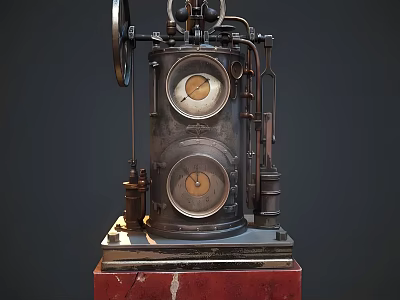 Vintage Mechanical Clock With Dual Dials Gear Mechanism And Red Marble Base 3d model