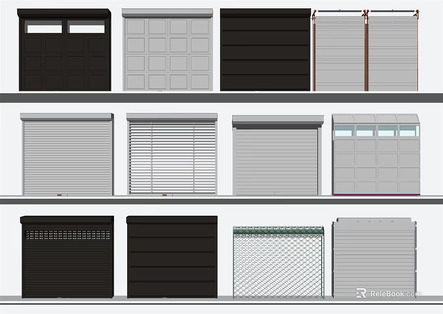 Various Modern Garage Door Designs Including Roller Shutter Mesh And Panel Styles 3d model
