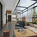 Modern Villa Balcony With Glass Roof Potted Plants And Wooden Outdoor Furniture