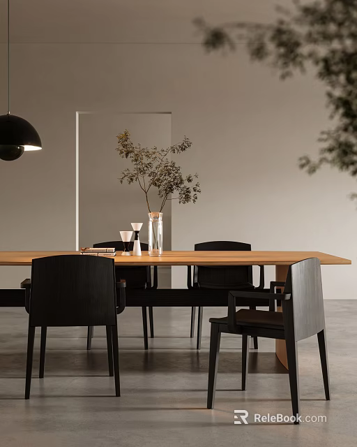 Modern Dining Table Set With Black Gray Chairs Vase Plant On Table Minimalist Wall Lighting 3d model 
