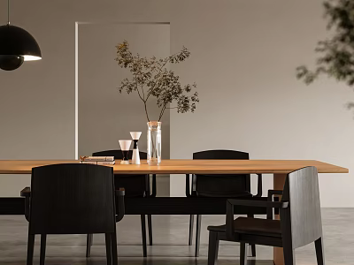 Modern Dining Table Set With Black Gray Chairs Vase Plant On Table Minimalist Wall Lighting 3d model