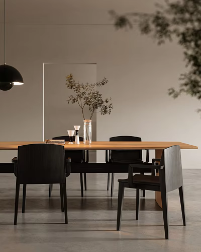 Modern Dining Table Set With Black Gray Chairs Vase Plant On Table Minimalist Wall Lighting 3d model
