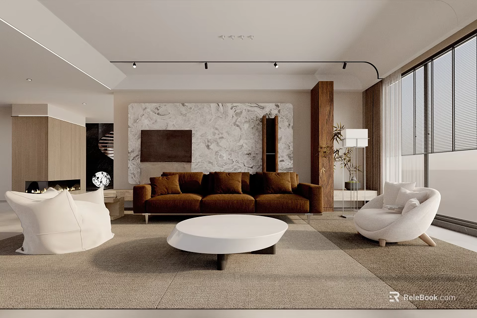 Modern Living Room With Brown Sofa White Round Coffee Table And Marble Accent Wall 3d model 