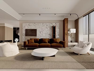 Modern Living Room With Brown Sofa White Round Coffee Table And Marble Accent Wall 3d model