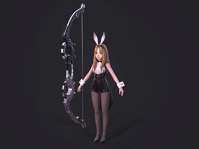 Blonde Woman With Bunny Ears In Black Bodysuit Holding Metal Bow And Stockings 3d model