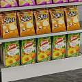 Multi Layered Metal Display Shelves With Various Canned Bottled And Boxed Products