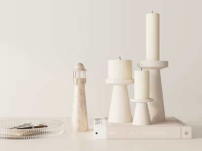 Minimalist White Candle Holder With Different Heights Lighthouse Figurine And Books On Tabletop Home Decor 3d model